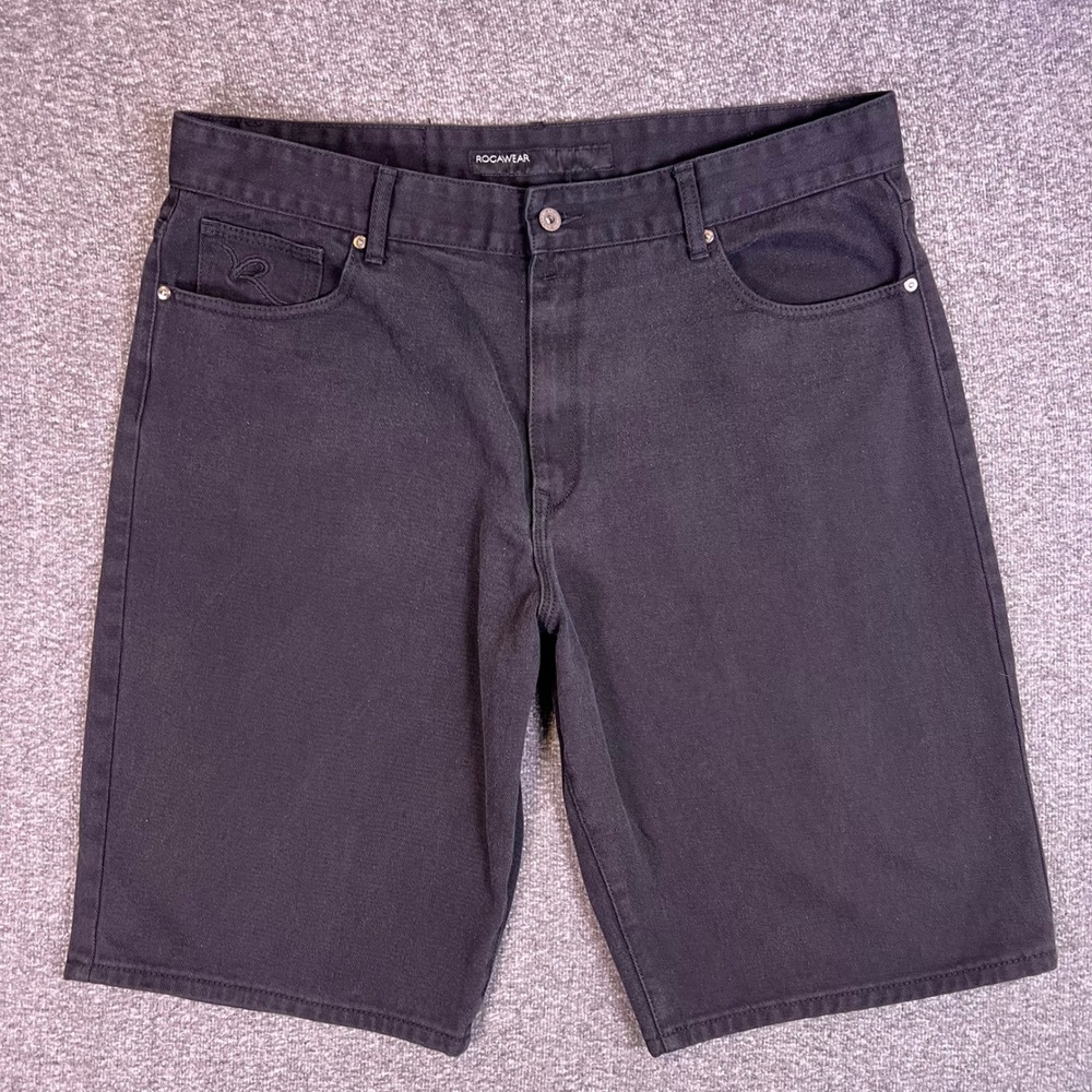 Rocawear Denim Shorts Mens 42 Black Relaxed Casual Embroidered Logo Streetwear